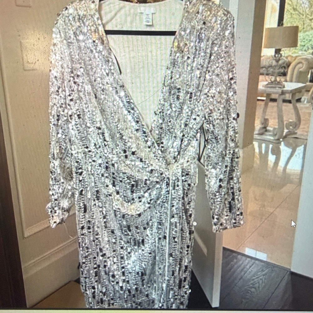 H&M Silver Sequin Long Sleeve Dress